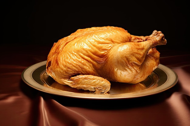 Roast chicken on a golden plate on a dark background closeup A heartwarming image of a plump chicken lying on a plate its meat carefully missed with a fork AI Generated