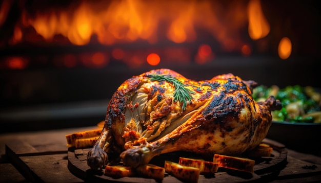 A roast chicken on a grill with a fire in the background