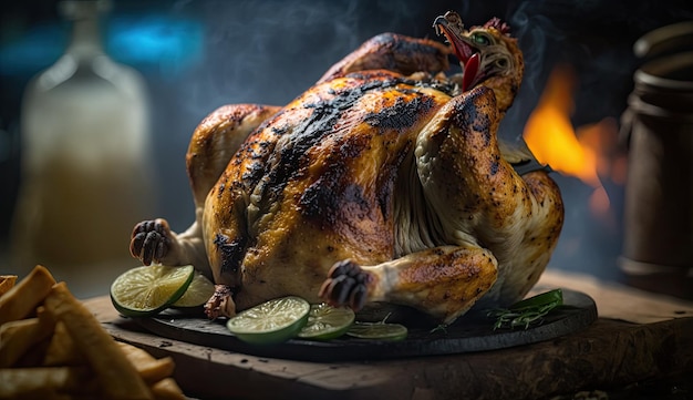 A roast chicken is on a table with a burning fire in the background.