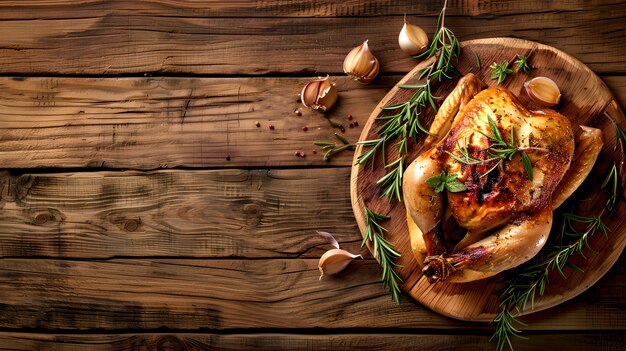 Photo roast chicken on a rustic wooden table garnished with herbs a perfect image for culinary themes ideal for recipe illustrations and food blogs ai