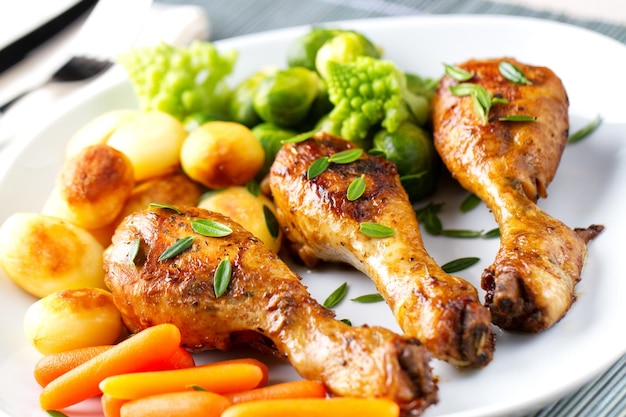 Roast Chicken Thighs with Potatoes Carrots Broccoli and Brussels Sprouts