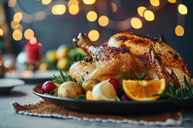 Photo roast chicken or turkey for christmas and new year with decorations traditional holiday dinner