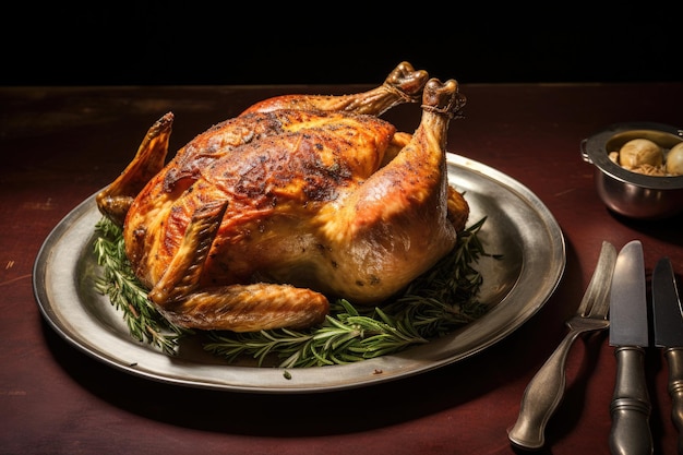 Roast chicken with lemon and herbs on a dark background Selective focus A heartwarming image of a plump chicken lying on a plate its meat carefully missed with a fork AI Generated