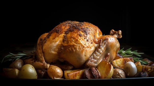 A roast chicken with potatoes and vegetables on a black background