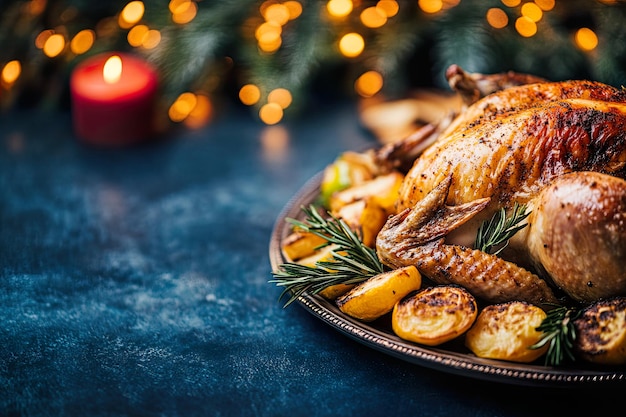 Photo roast chicken with vegetables on a festive table