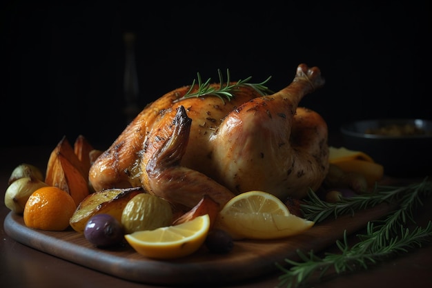 A roast chicken with vegetables on a wooden platter