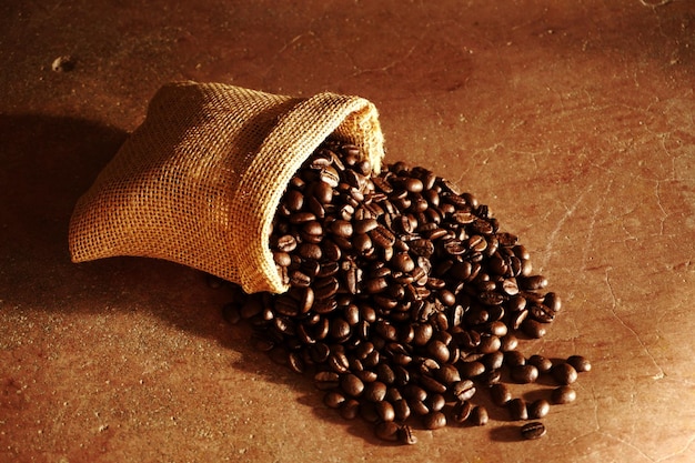 Roast coffee beans spilling from brown burlap sack on brown background