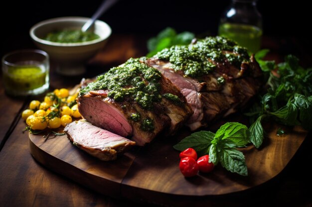 Photo roast lamb with basil and mint yummy delicious roast lamb food image photography