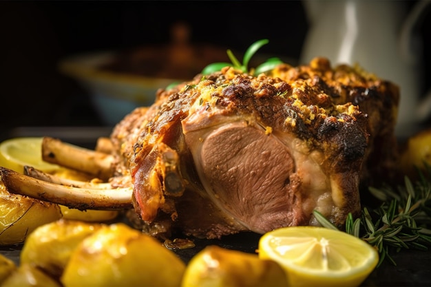 A roast lamb with lemons and lemons on a table