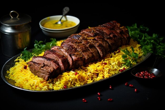 Photo roast lamb with saffron rice yummy delicious roast lamb food image photography