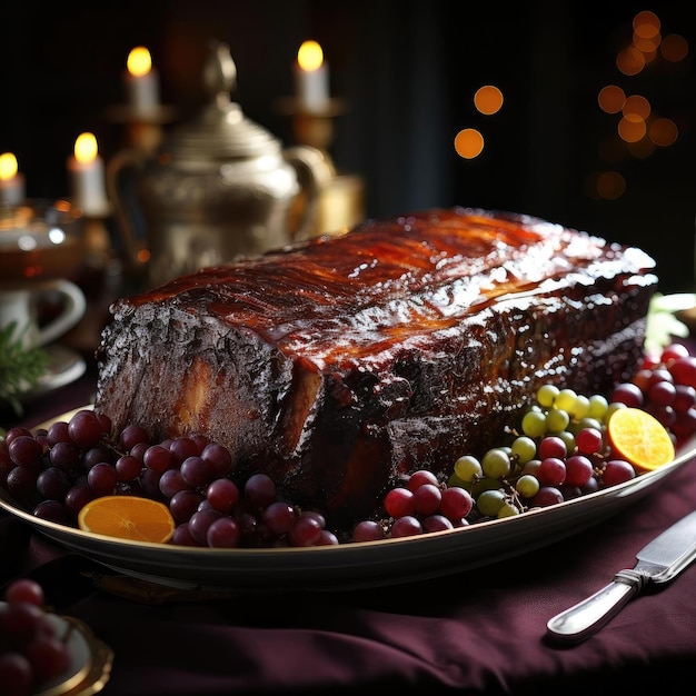 Roast pork dinner on a decorative platter with fruits and candles