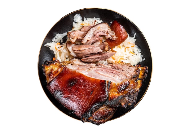 Roast Pork Ham Hock knuckle with Sauerkraut on a plate Isolated on white background