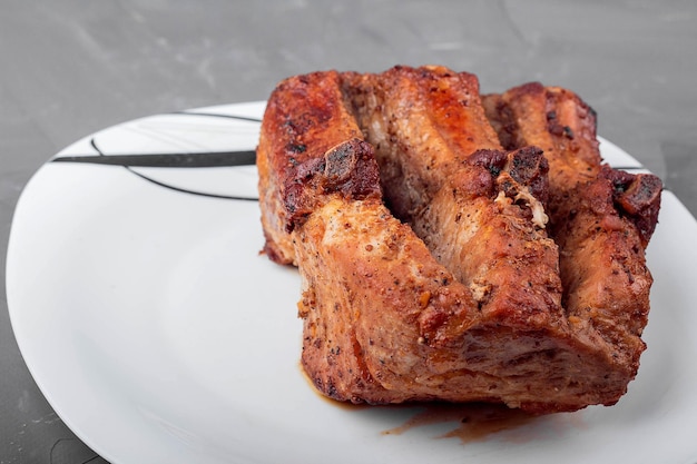 Roast pork loin on a white plate