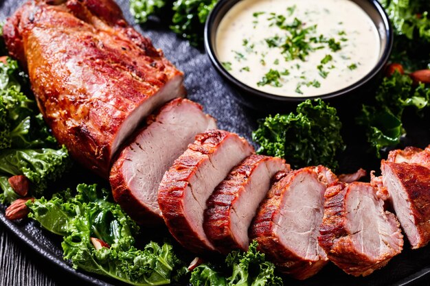 Roast Pork Tenderloin with kale salad and sauce