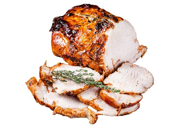 Roast rolled pork ham meat on plate with thyme Isolated white background