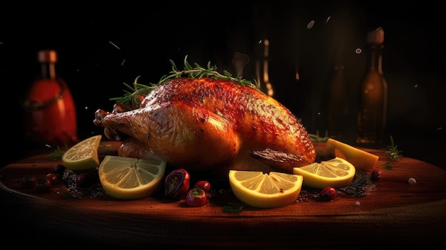 A roast turkey is on a cutting board with lemons and rosemary.