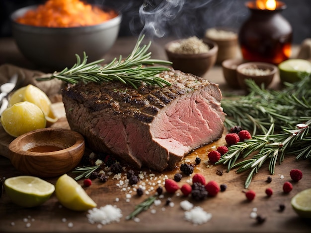 A roasted beef and its ingredients