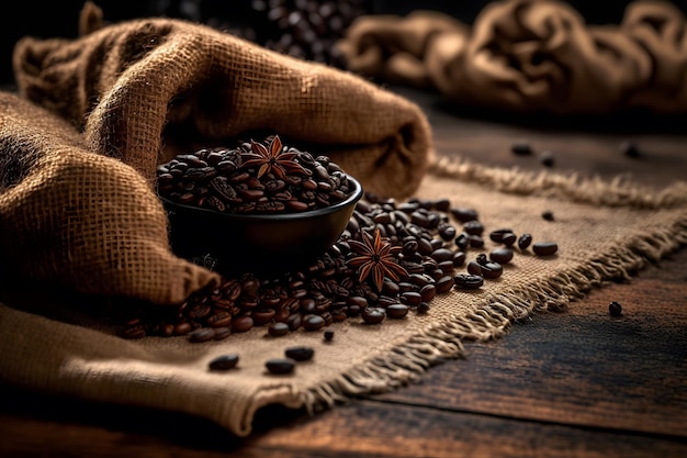 Roasted black coffee beans in a burlap bag lie on a wooden table Fresh aromatic coffee is scattered on the burlap