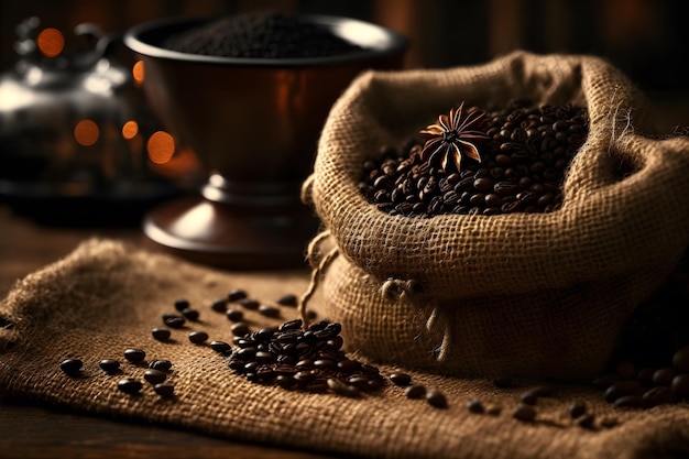 Roasted black coffee beans in a burlap bag lie on a wooden table Fresh aromatic coffee is scattered on the burlap