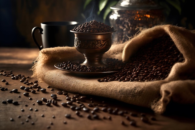 Roasted black coffee beans in a burlap bag lie on a wooden table Fresh aromatic coffee is scattered on the burlap