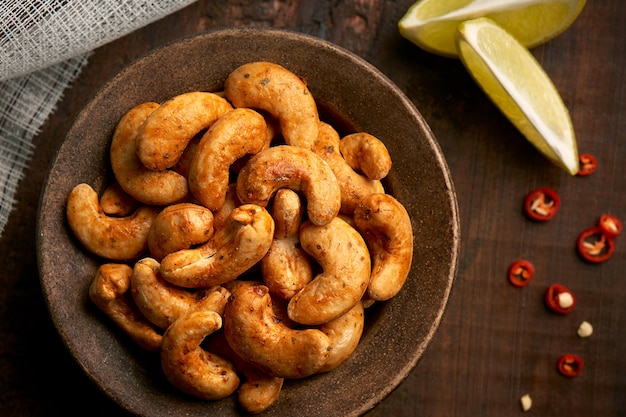 Roasted cashew nuts on bowl