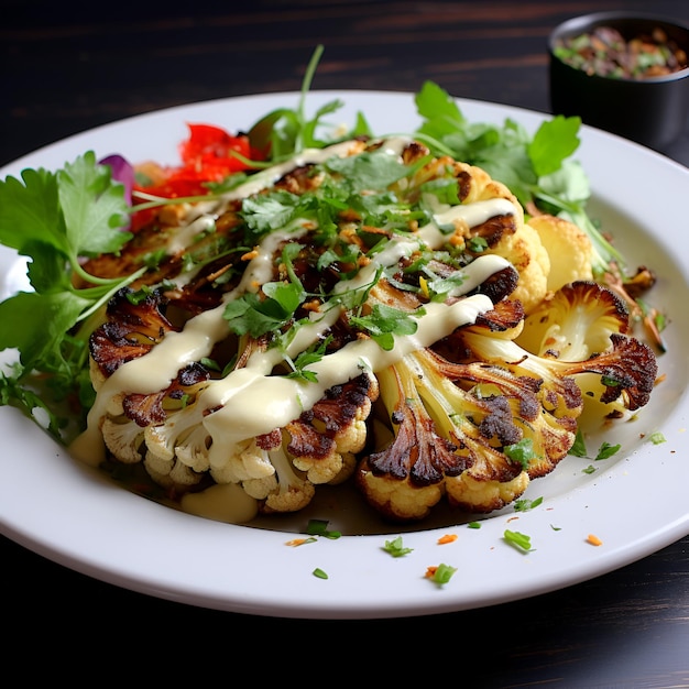 Roasted cauliflower steak with herbs and creamy sauce on white plate close up Healthy eating plant based meat substitute concept Vegan food dish grilled cauliflower AI generated