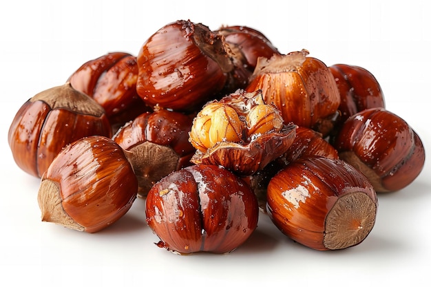 Roasted chestnuts white background isolated on the edges product photography studio light