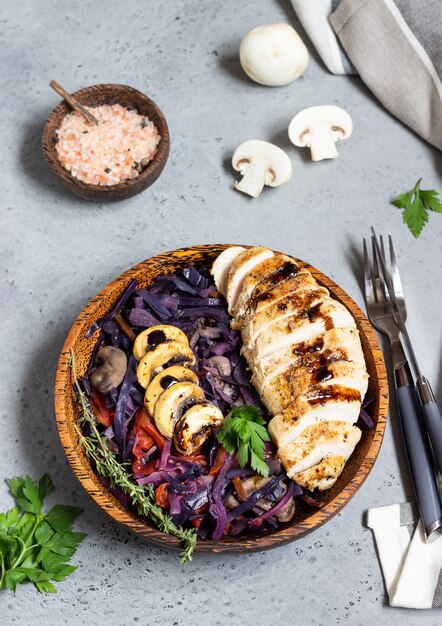 Roasted chicken breast and stewed red cabbage with mushrooms and tomatoes