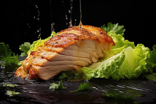 Roasted chicken breast with lettuce and sauce on a black background perfectly cooked juicy chicken breast undermines the traditional image of a tender juicy cutlet AI Generated