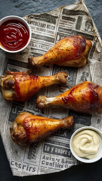 Photo roasted chicken drumsticks on newspaper sheet ketchup and mayonnaise