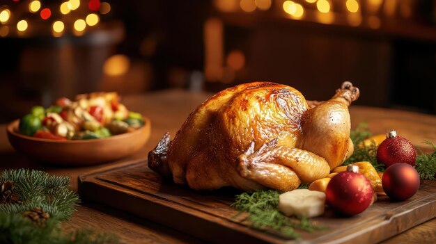 Photo roasted chicken on a holiday table with a side of seasonal vegetables rustic warm light cozy