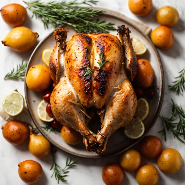 roasted chicken on isolated white background top view