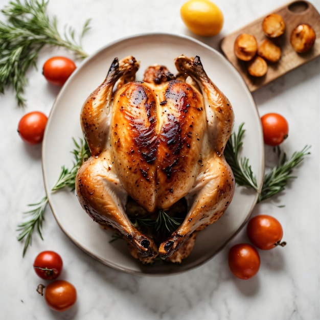 roasted chicken on isolated white background top view