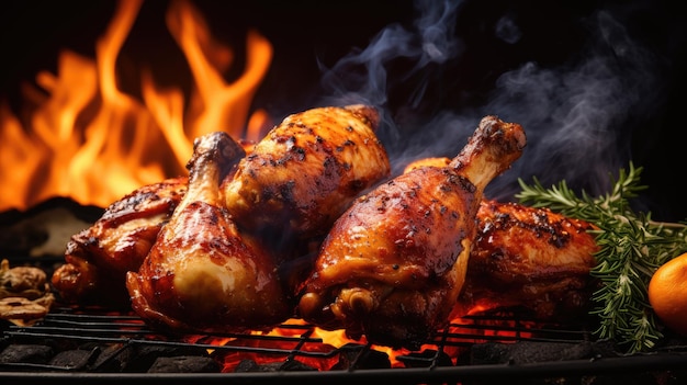 Roasted chicken legs on the grill with flames and smoke close up