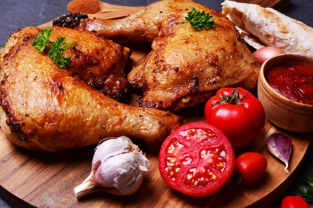 Roasted chicken legs with spices and vegetables