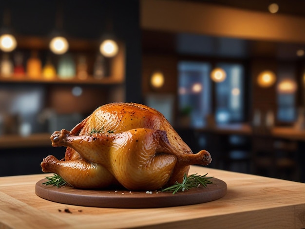 A roasted chicken sits on a wooden cutting board