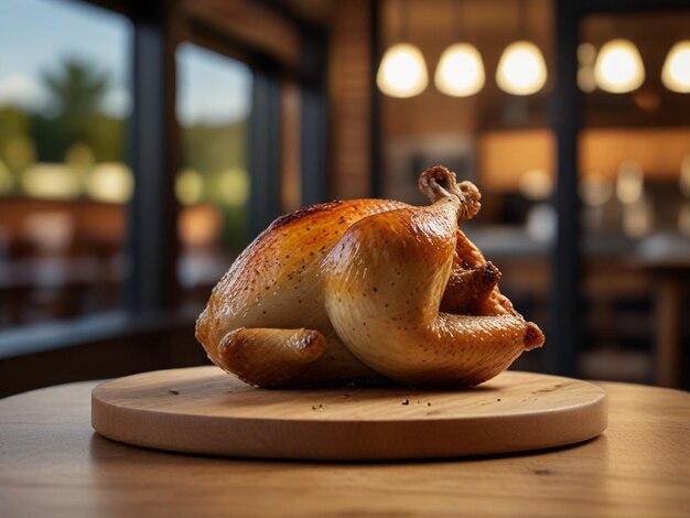 A roasted chicken sits on a wooden cutting board