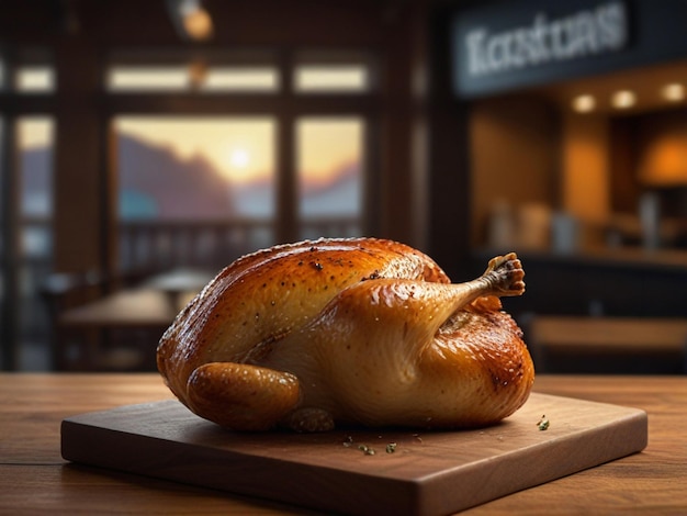 a roasted chicken sits on a wooden cutting board