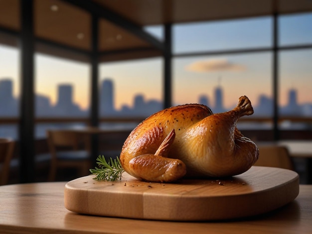 a roasted chicken sits on a wooden cutting board