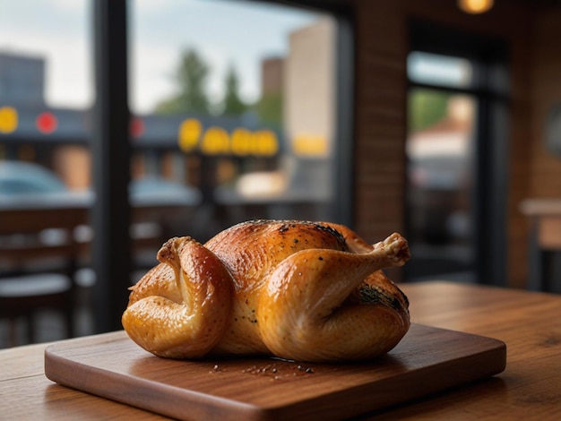 a roasted chicken sits on a wooden cutting board