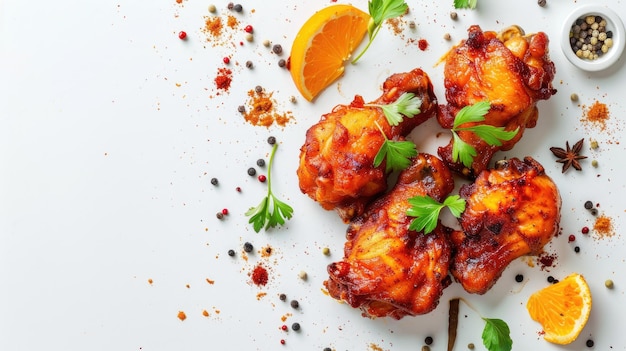 Roasted chicken wings with orange slices and spices on white background