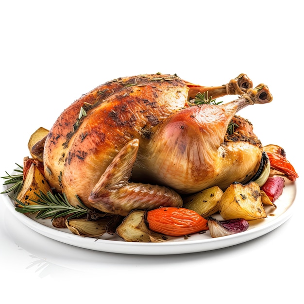 Roasted chicken with herbs and veggies culinary theme isolated on white Generative AI