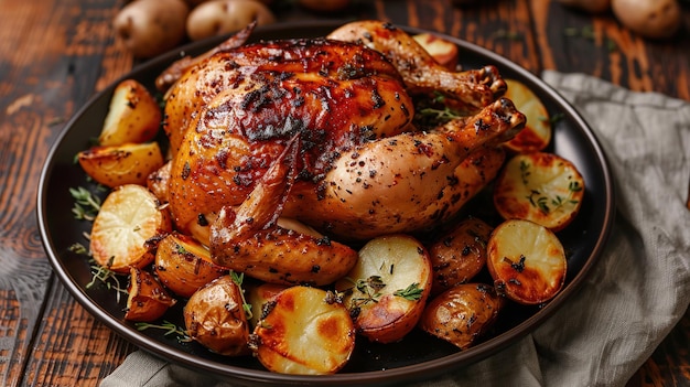 Roasted chicken with potatoes on dark plate