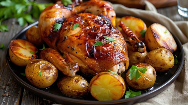 Roasted chicken with potatoes on dark plate