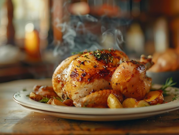 Roasted Chicken with Potatoes and Herbs on White Plate Food Photography