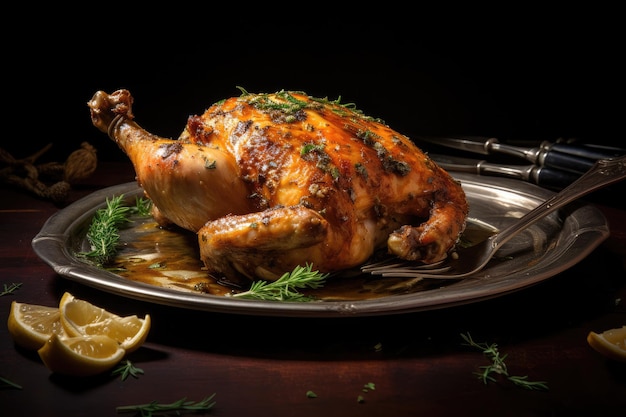 Roasted chicken with rosemary and garlic on a plate Black background A heartwarming image of a plump chicken lying on a plate its meat carefully missed with a fork AI Generated