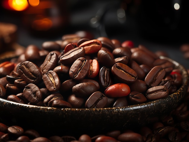 Roasted coffee beans on blurred background Generative AI