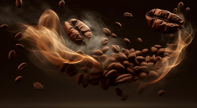 Roasted coffee beans Brown smoke of coffee aroma Generative AI