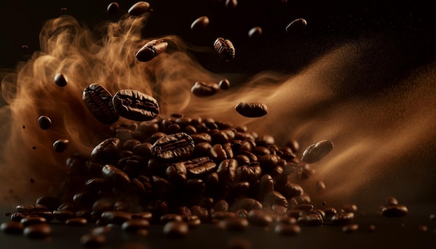 Roasted coffee beans Brown smoke of coffee aroma Generative AI