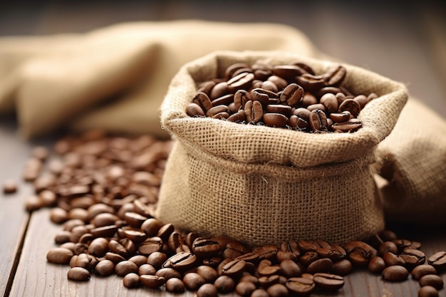 Roasted coffee beans in burlap bag on wooden background Generative AI